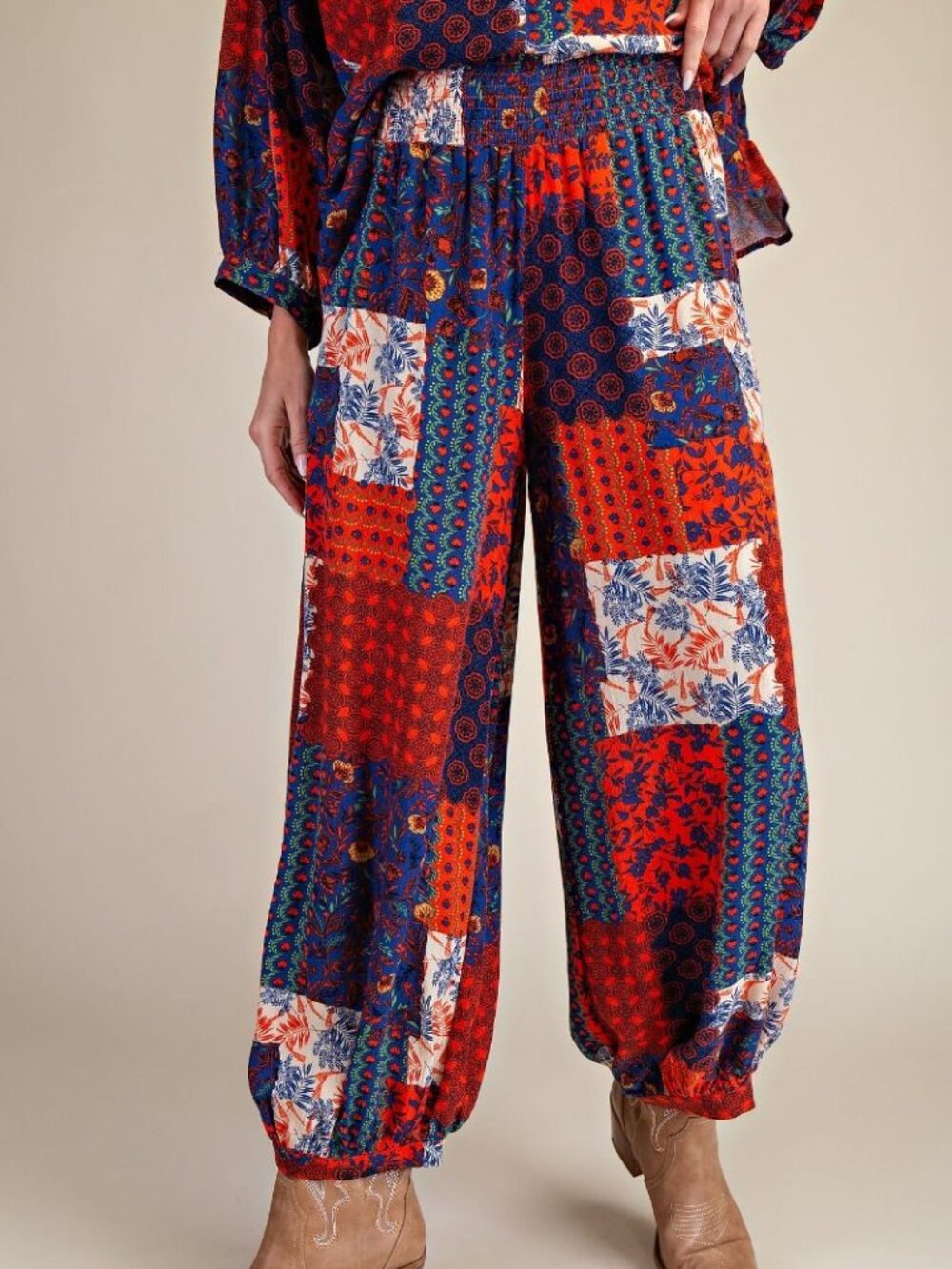 Easel PATCHWORK PRINTED RAYON GUAZE PANTS Blueberry NEW